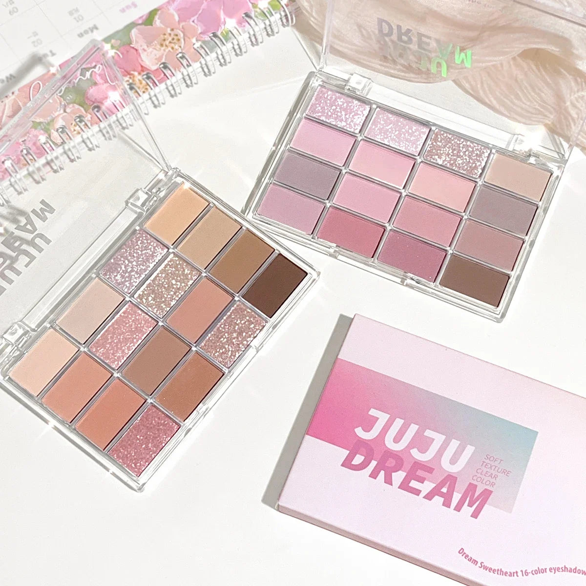Dream 16 color eyeshadow palette - matte, glitter, shimmer, earth brown, purple and pink - low saturation everyday makeup
