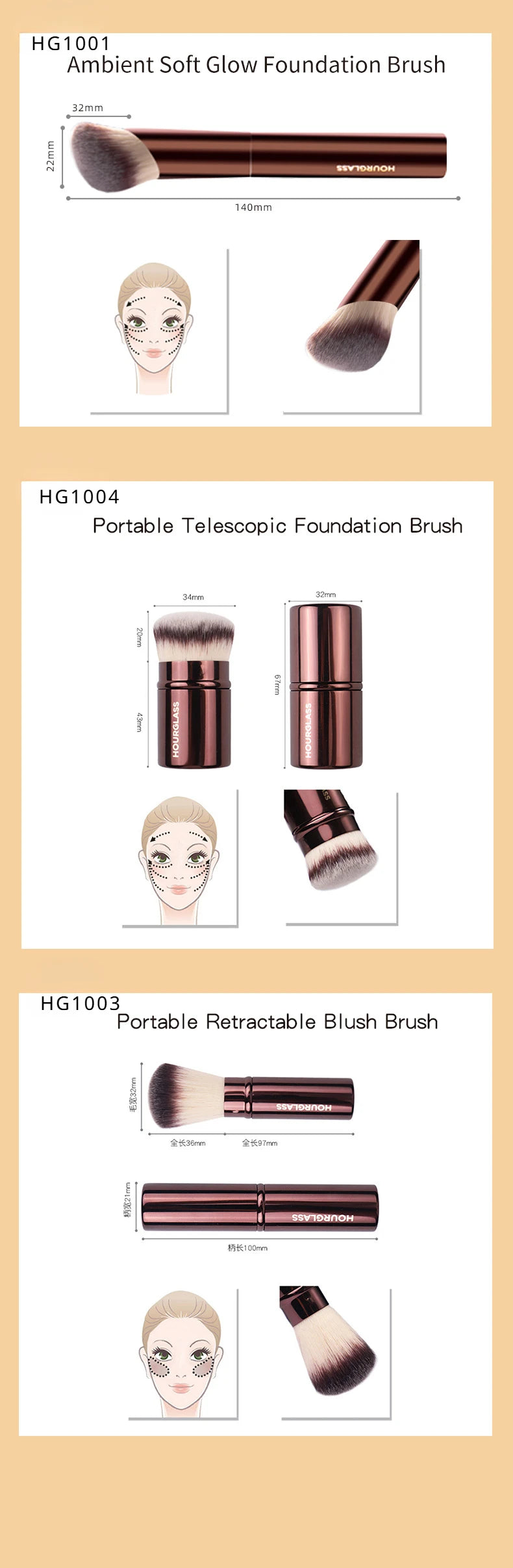 Hourglass Brushes Makeup Brushes Powder Foundation Concealer Blusher Bronzer Lip Brush Eyeliner Eye Shadow Eyebrow Eyelash Brush