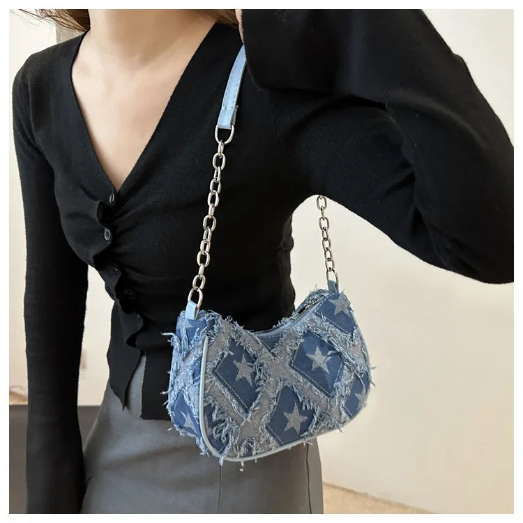 Casual Star Denim Shoulder Bags for Women Plaid Tassel Cool Hot Girls Underarm Phone Bag Fashion Versatile Female Handbags
