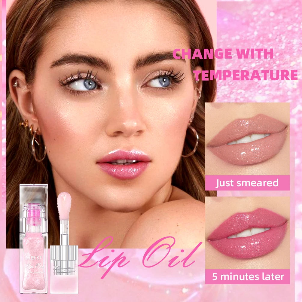 Mirror Lip Gloss Temperature Color Change Lipstick Lasting Moisturizing Glitter Lipstick Gloss Pearlescent Pink Clear Lip Glaze