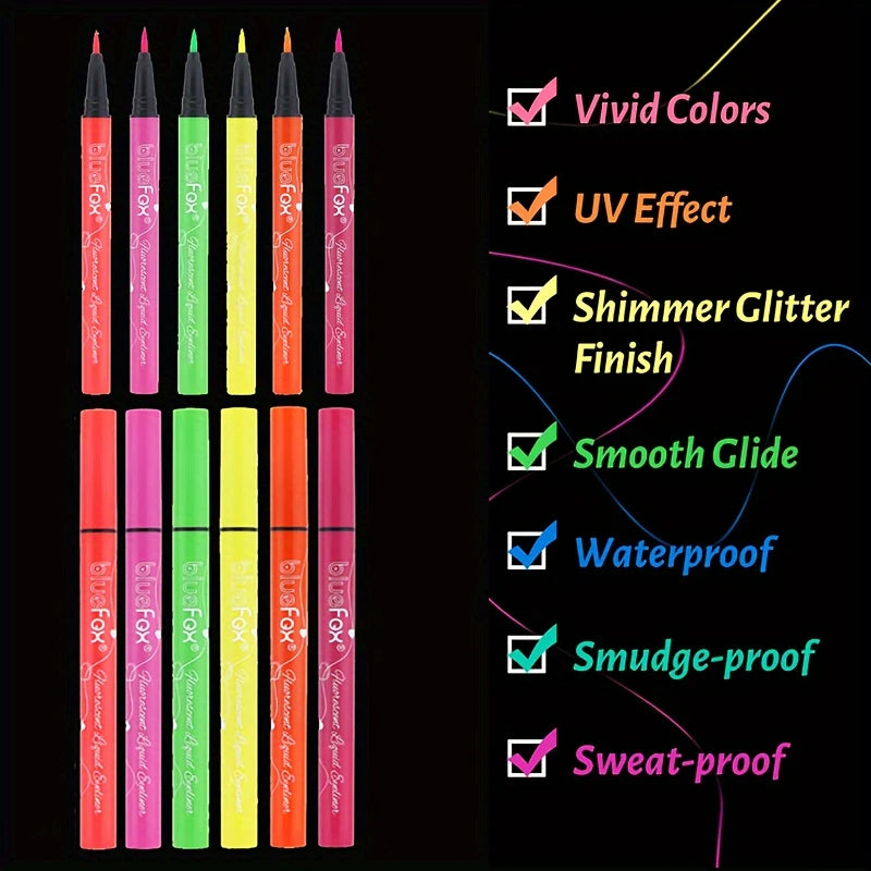 Glow In The Dark Face Paint Kit,6pcs Shimmer Glow Eyeliner set,UV Neon Face & Body Paint Sticks Marker Luminous Makeup for Music