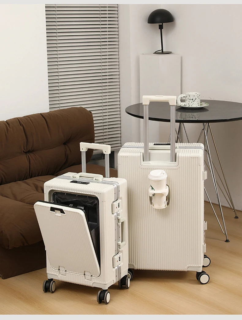 Front open trolley suitcase with cup holder travel luggage pull rod Aluminum frame Large capacity usb charging carry on suitcase