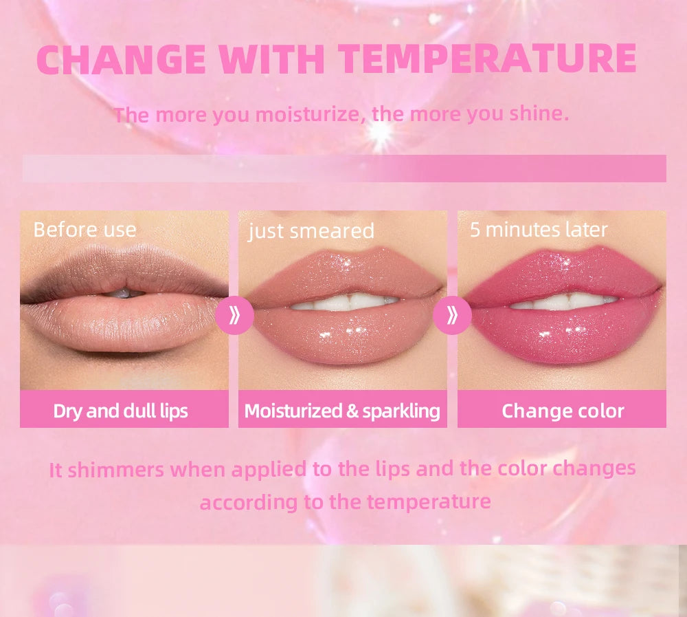 QIBEST Lip Oil Magic Warm Color Changing Lipstick Balm Lip Glaze Transparent Moisturizing Lipgloss Shiny Glitter Lips Cosmetics