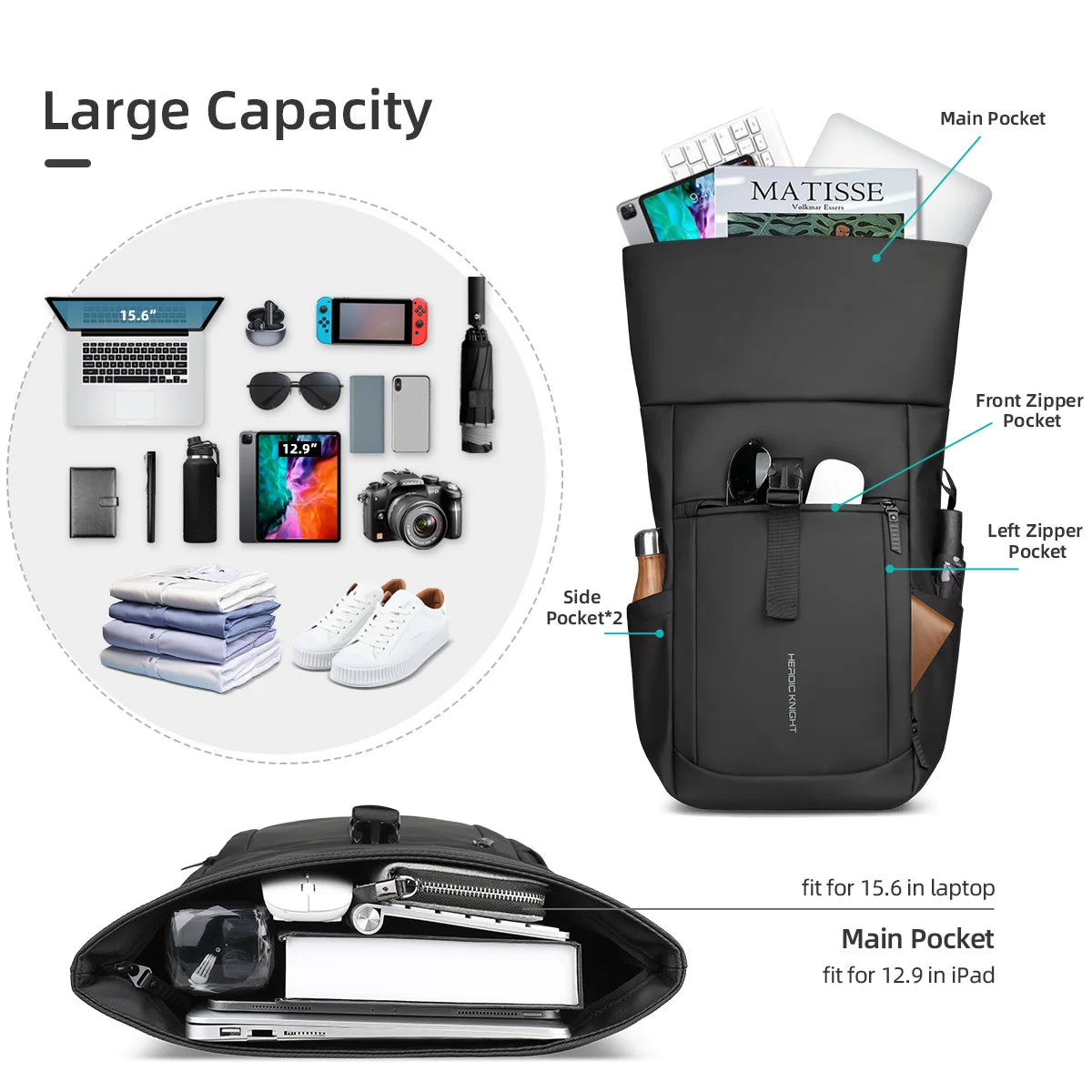 HK Business Roll Top Men's Backpack Large Capacity 15.6 Inch Laptop Bag Waterproof Hiking Travel Backpack Expandable School Bags