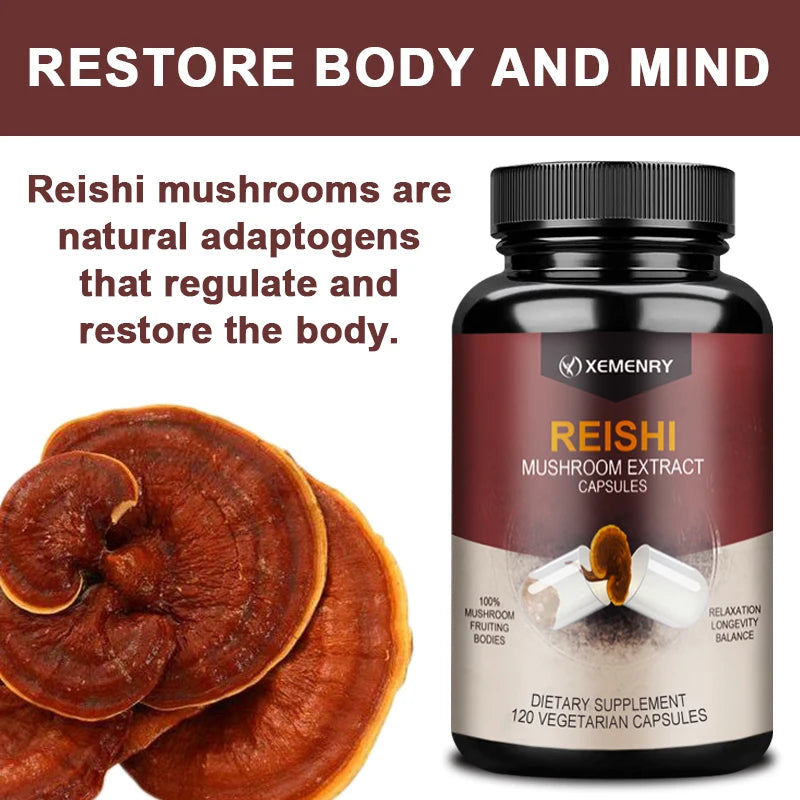 Reishi Capsules - Reishi Extract Helps with Longevity, Mood, Sleep and Immune Support Vegan Supplement Non-GMO