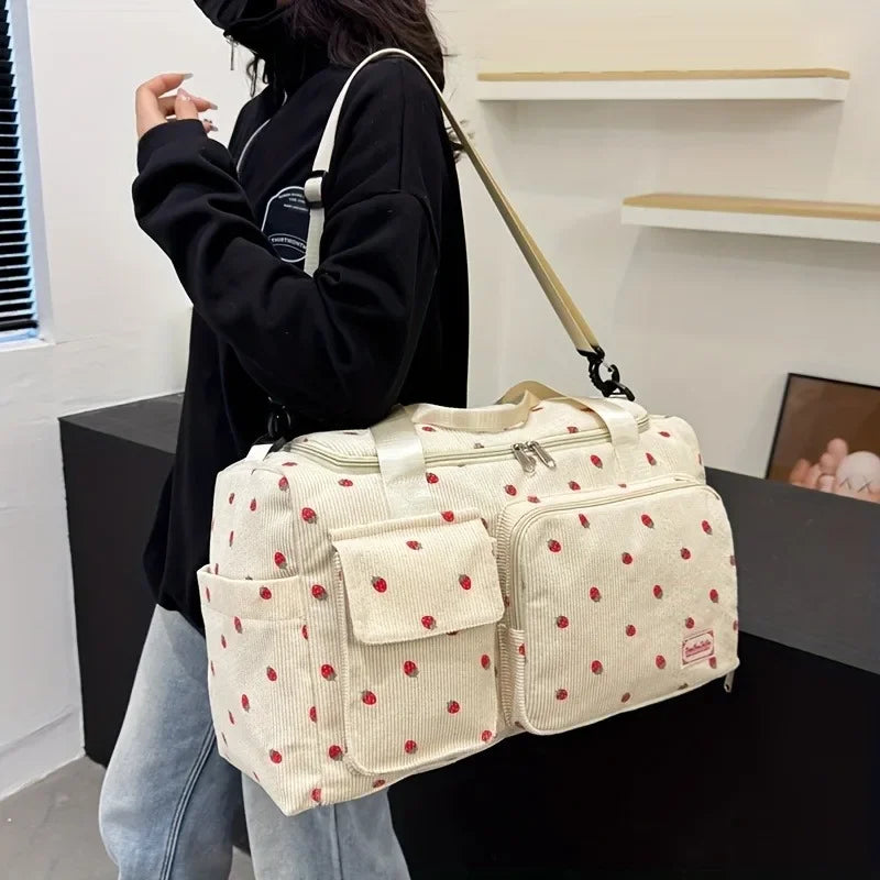 Large Capacity Casual Strawberry Print Duffel Bag with Multiple Compartments - Ideal for Travel, Gym, and Everyday Use