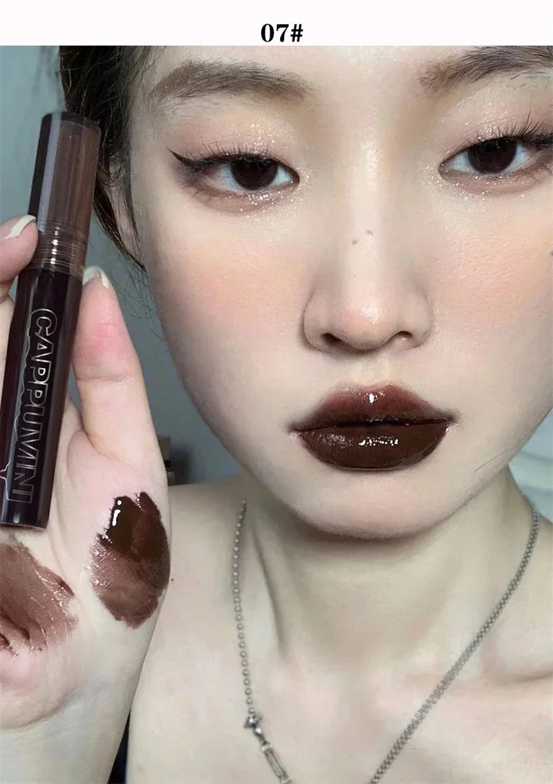 Punk Dark Brown Mirror Water Lip Gloss Red Lip Glaze Transparent Glass Lip Oil Waterproof Liquid Lipstick Clear Tint Makeup New