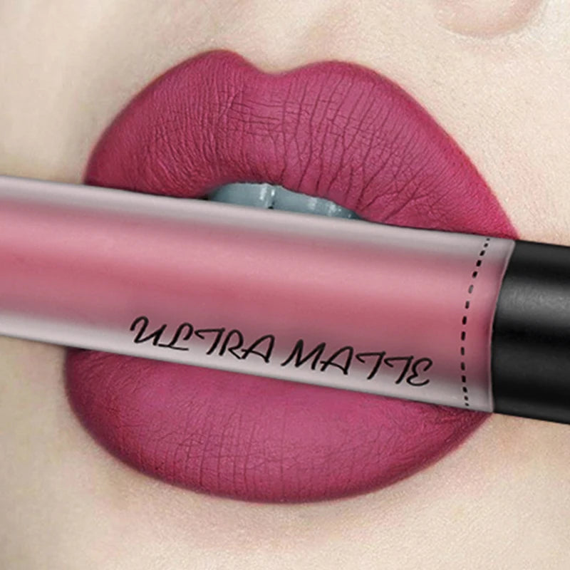 QIBEST Waterproof Matte Nude Lip Gloss 12 Colors Lasting Liquid Lipstick Moisturizing Non-stick Cup Black Red Purple Lip Glaze
