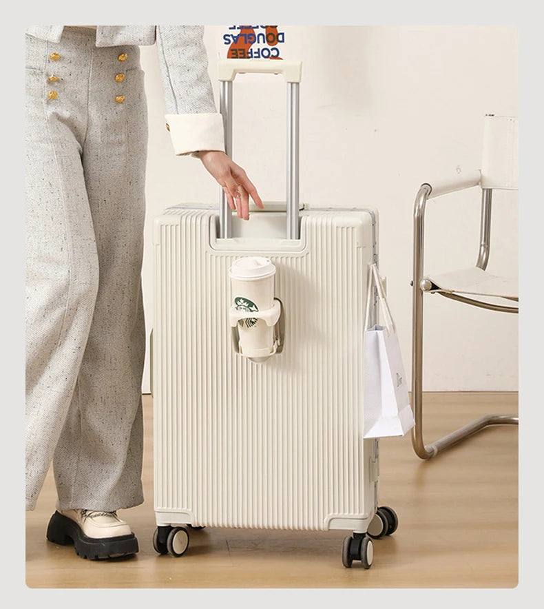 Front open trolley suitcase with cup holder travel luggage pull rod Aluminum frame Large capacity usb charging carry on suitcase