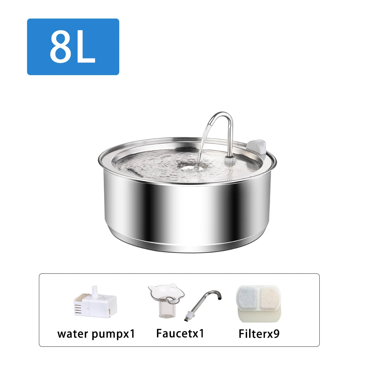 8L / 272oz Dog Water Fountain for Large Dogs Stainless Steel Dog Fountain Super Quiet for Large Dogs Cats and Multi-Pet Home