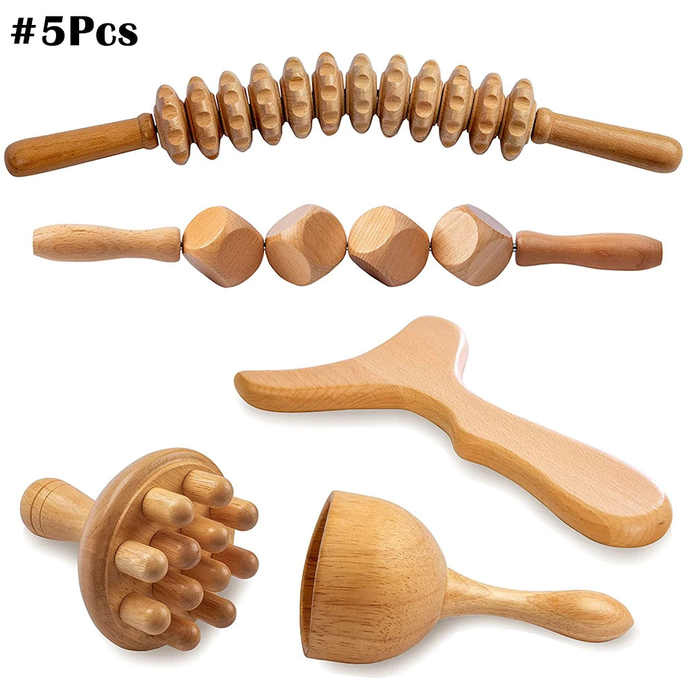Wooden Therapy Massager Lymphatic Drainage Anti Cellulite Maderoterapia Kit - Body Contouring, Belly Waist Muscle Massage Relax