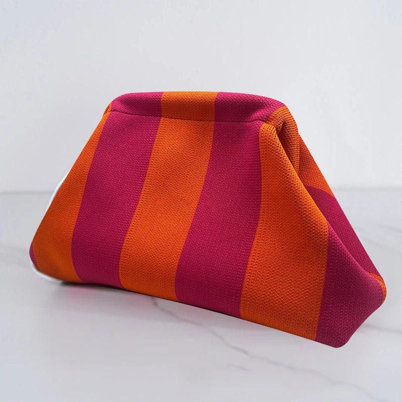 Women's Striped Beach Clutch Bag Versatile Small Woven Crochet Handbags Purses Knitting Dumpling Clutch Casual Bag