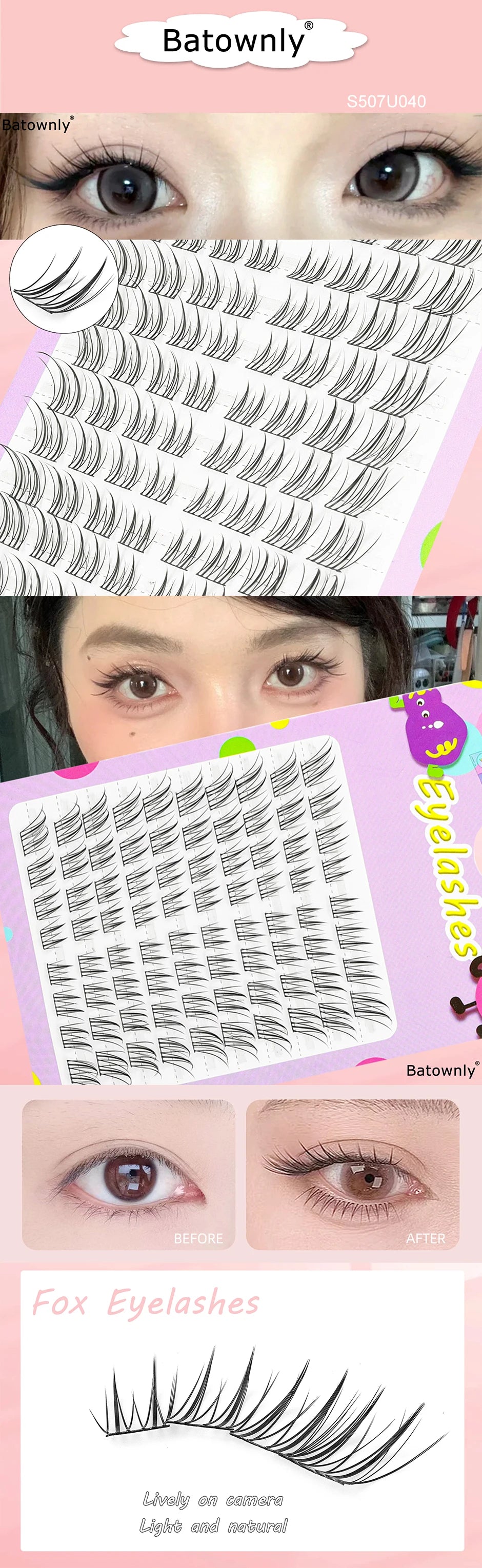 80Pcs Fox Series Slanted Flying Cartoon Eye False Eyelashes Female Group Natural Simulation New Hair Cluster