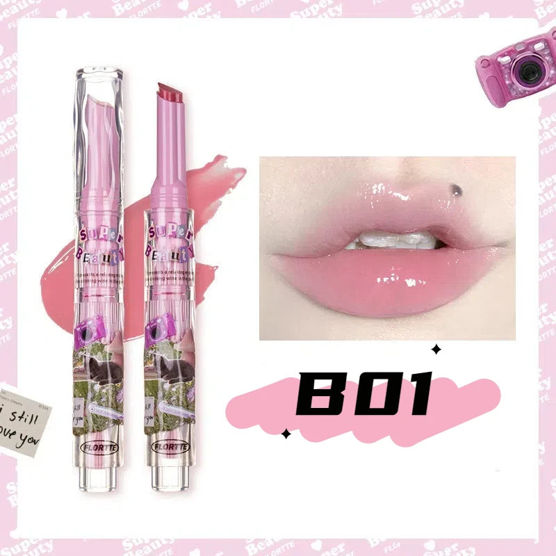 FLORTTE Solid Lip Gloss Water Light Glitter Clear Lipstick Pink Mirror Lip Glaze Jelly Moisturizing Lip Tint Cosmetics Makeup