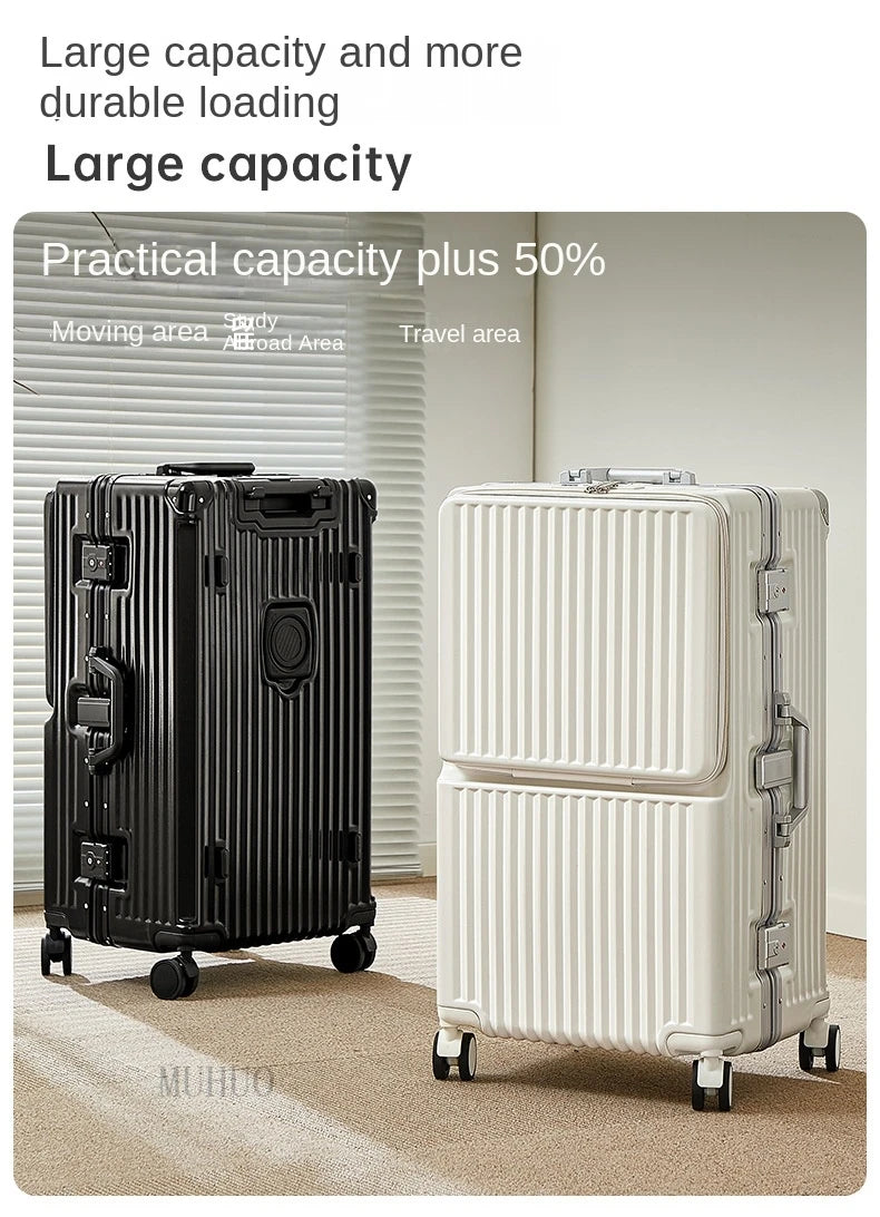 Front Opening Suitcase 2025 New Large Capacity 20/30 inch Aluminum Frame Luggage with USB Cup Holder Laptop Bag Travel Suitcases