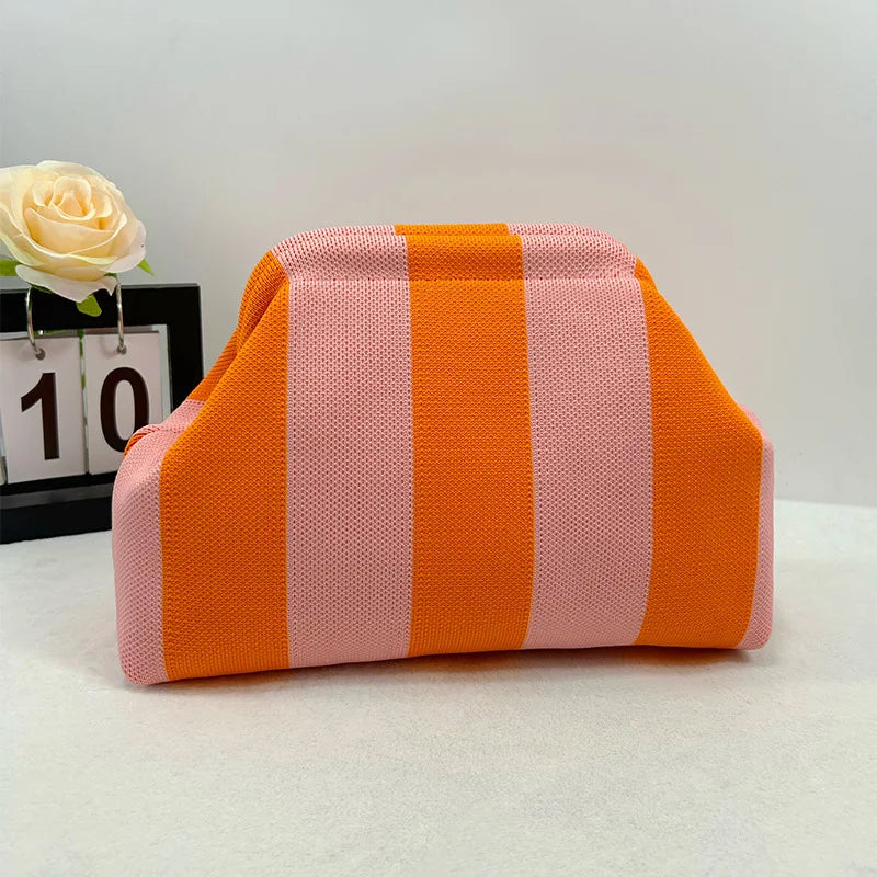 Summer Beach Clutch Bag for Women Woven Crochet Handbags Purses Knitting Dumpling Clutch Ruched Cute Cloud Casual Colorblock Bag
