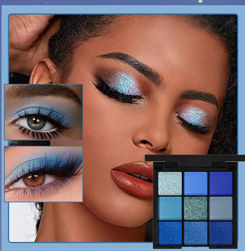9 Color Eyeshadow Palette Blue Waterproof Sweatproof Blue Matte Pearl Glitter Finish Performance Stage Makeup Music Festival