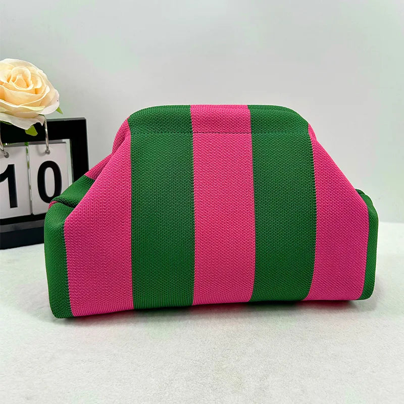 Summer Beach Clutch Bag for Women Woven Crochet Handbags Purses Knitting Dumpling Clutch Ruched Cute Cloud Casual Colorblock Bag