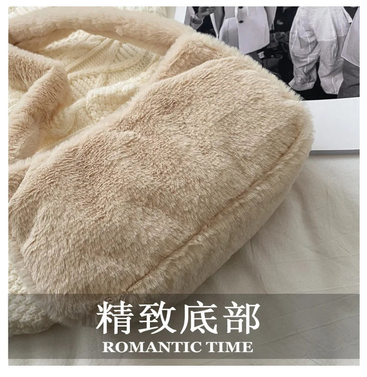 Simple Design Women Soft Plush Hobos Shoulder Bags Winter Furry Ladies Clutch Purse Handbag Fashion Female Underarm Bag
