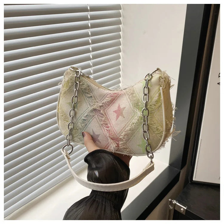 Casual Star Denim Shoulder Bags for Women Plaid Tassel Cool Hot Girls Underarm Phone Bag Fashion Versatile Female Handbags