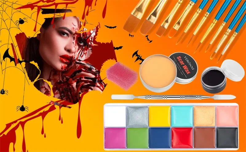 12/20 Colors Face Body Painting Fake Blood ,Halloween Professional Special Effects Makeup Kit with Wound Modeling Scar Wax