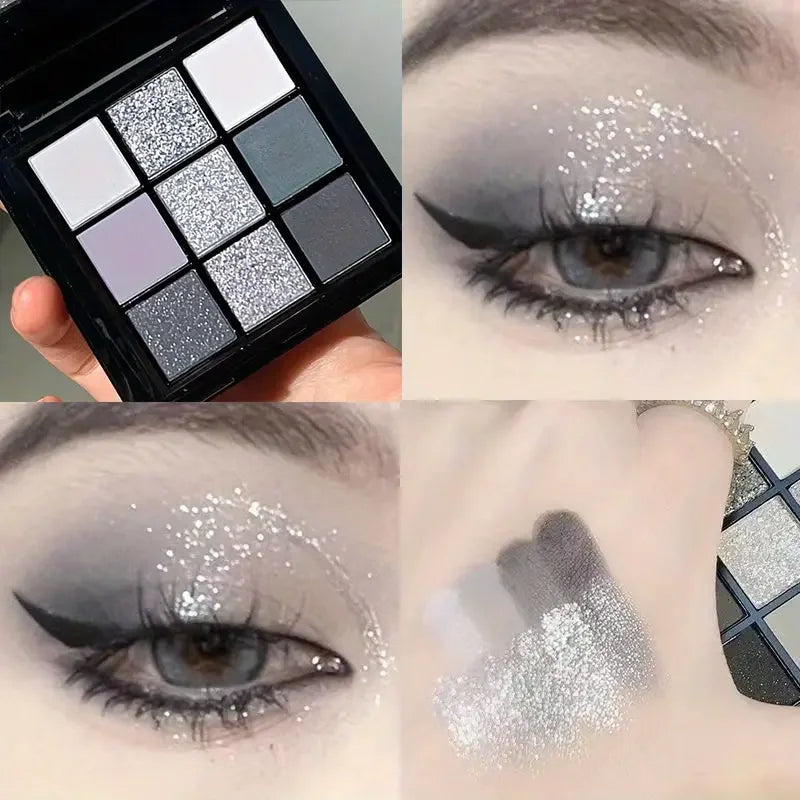 Smoky eyeshadow tray, 9-color black dark gray smoky Gothic makeup tray, 9-color soft mist pearlescent high color basic black and