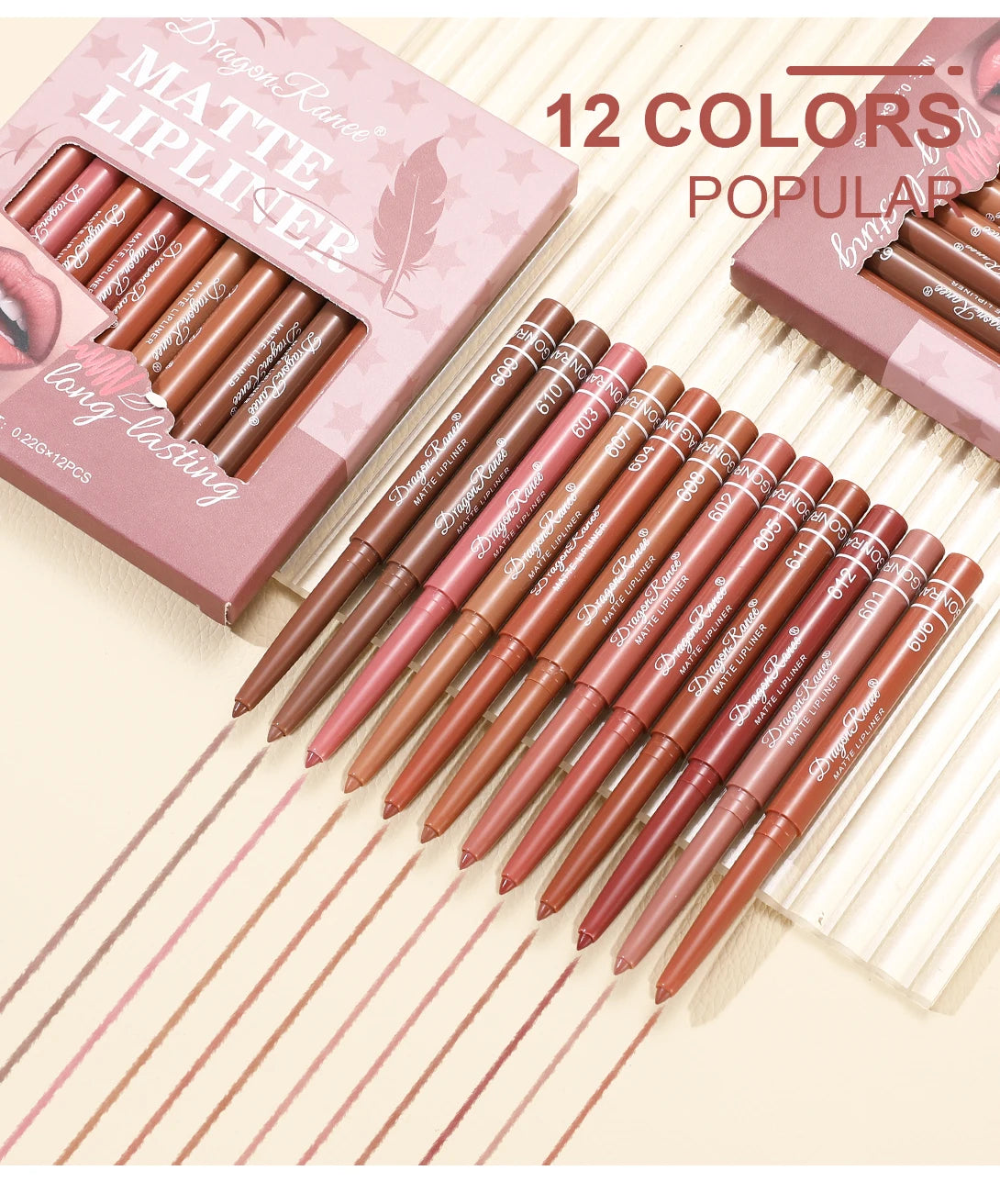 Dragon Ranee 12pcs Soft Matte Water Resistant Eraser Resistant Lip Liner Set Matte and Non-Drying Easy to Line Lip Liner Set