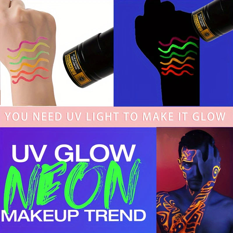 Glow In The Dark Face Paint Kit,6pcs Shimmer Glow Eyeliner set,UV Neon Face & Body Paint Sticks Marker Luminous Makeup for Music