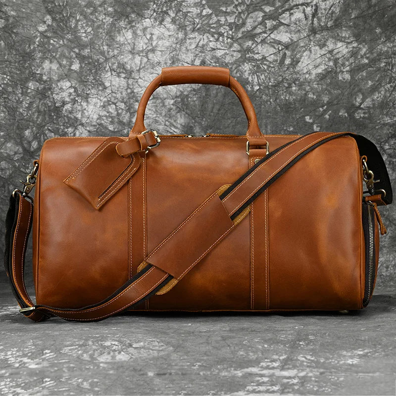 Fashionable Style Men's Leather Travel Handbags Real Cowhide Leather Duffle Bags For Man Male Weekend Bags With Shoe Pocket