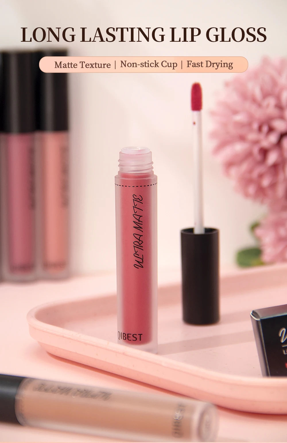 QIBEST Waterproof Matte Nude Lip Gloss 12 Colors Lasting Liquid Lipstick Moisturizing Non-stick Cup Black Red Purple Lip Glaze