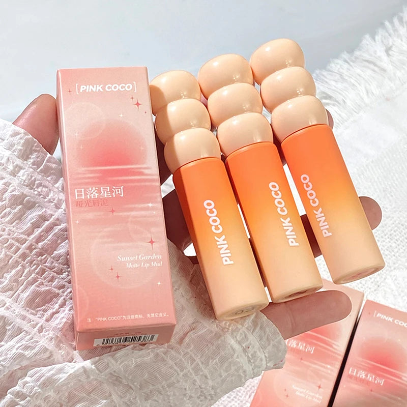 PINK COCO Sunset Galaxy Lip Glaze Matte Matte Velvet Lip Mud Low-saturation Tone Autumn and Winter Matte Lip Glaze