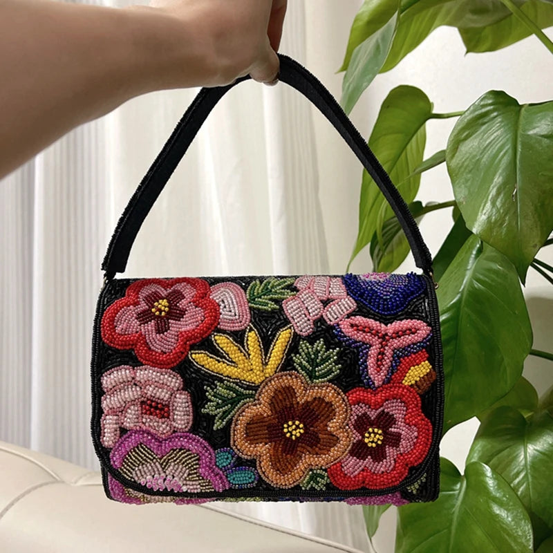 DOYUTIG Brand Indian's Handmade Bead Flower Tote Bag  Embroidery Beads Diagonal Handbag Vintage Party Single Shoulder Bag N021