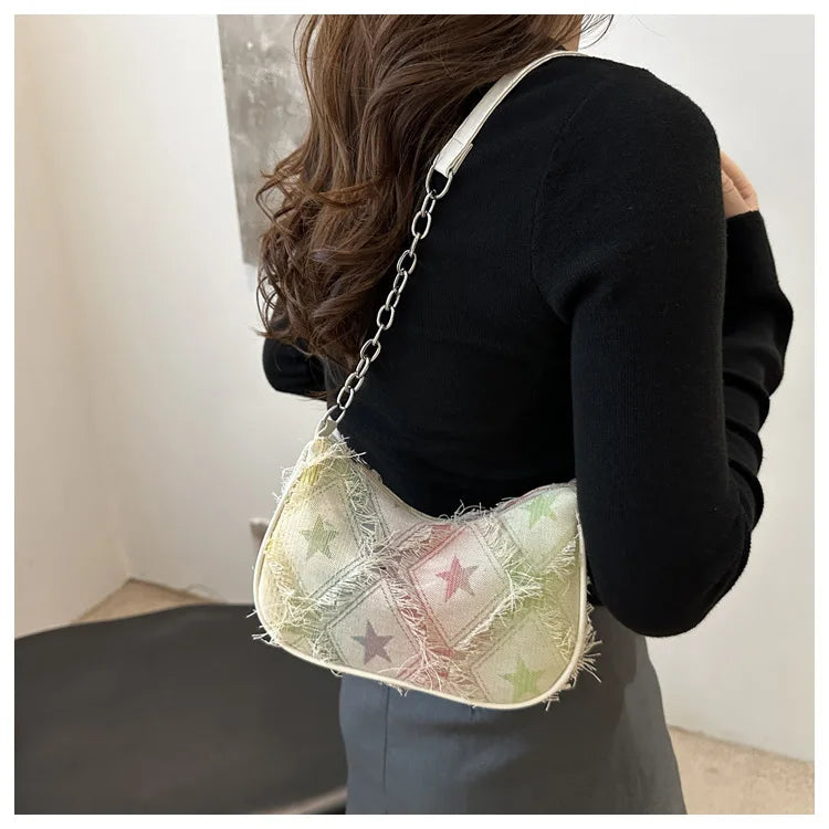 Casual Star Denim Shoulder Bags for Women Plaid Tassel Cool Hot Girls Underarm Phone Bag Fashion Versatile Female Handbags
