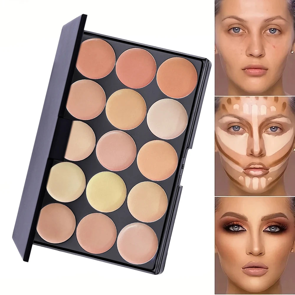 POPFEEL 15-Color Concealer Palette with Brush & Sponge-Multi-Functional for Blemish Coverage, Contouring, Body Tattoo Camouflage