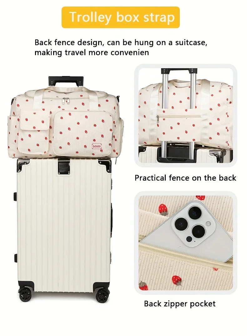 Large Capacity Casual Strawberry Print Duffel Bag with Multiple Compartments - Ideal for Travel, Gym, and Everyday Use