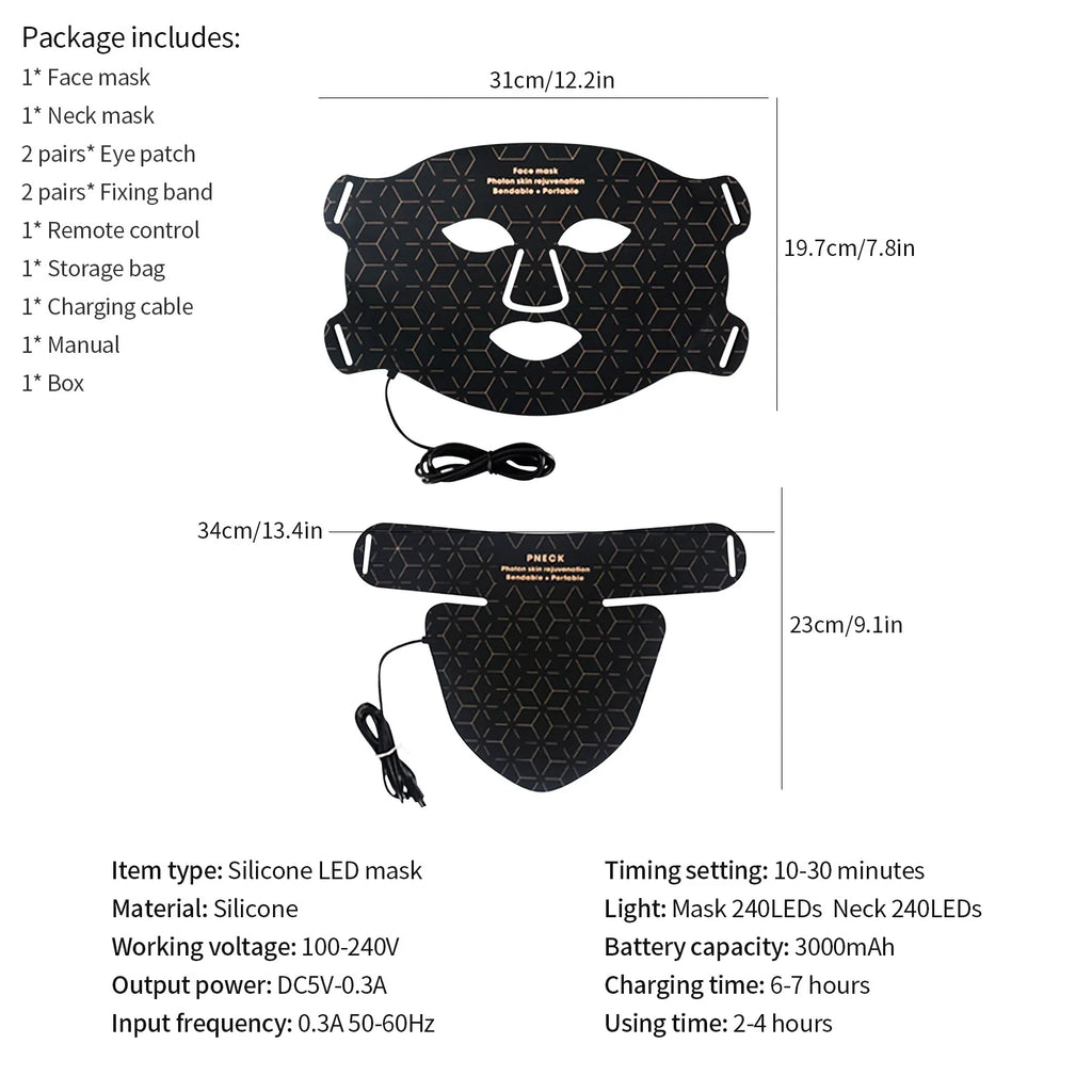 Silicone LED Mask Face With Neck 4 Colors LED Light Photon Infrared Therapy Flexible Facial Mask Repair Skin Brighten Skin Tone