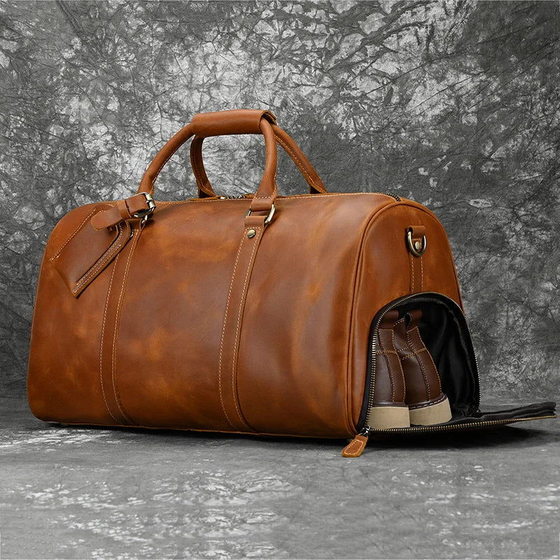 Fashionable Style Men's Leather Travel Handbags Real Cowhide Leather Duffle Bags For Man Male Weekend Bags With Shoe Pocket