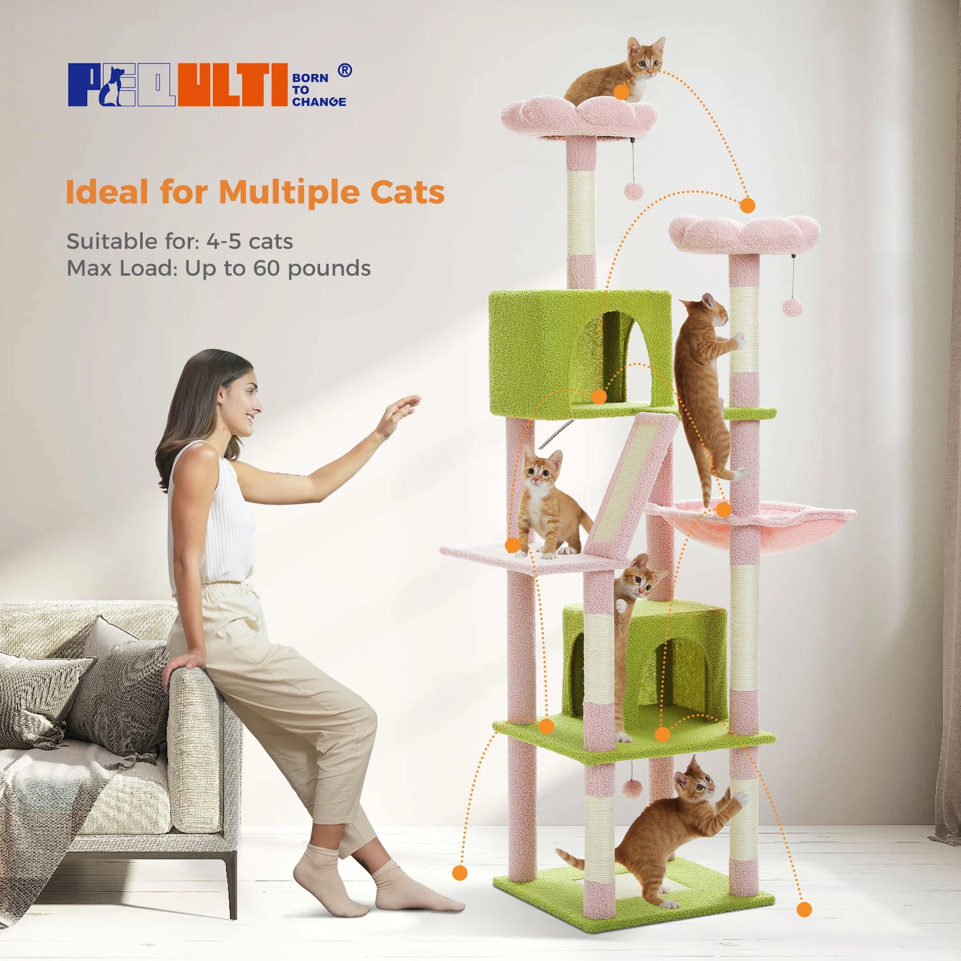 Multi-Level Cat Tree with Scratching Posts, Cozy Condo, Hammock, Large Cat Tower for Indoor Cats, Cat Scratching Board, Cat Toys