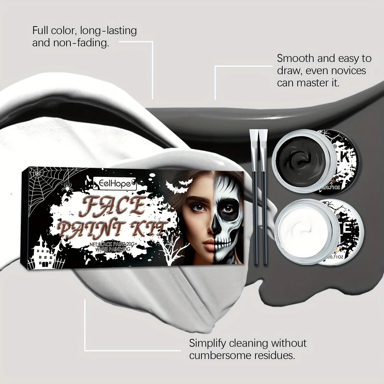 Black & White Face Body Paint Kit with Brushes Long-Lasting Makeup For Halloween Festive Fun Makeup Accessories Makeup Set