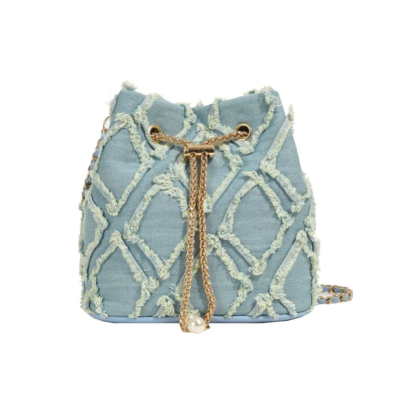 Vintage Denim Bucket Bag Retro Style Light Blue Ripped Edge Design Gold Chain Pearl Embellishment Adjustable Fringe Shoulder Bag