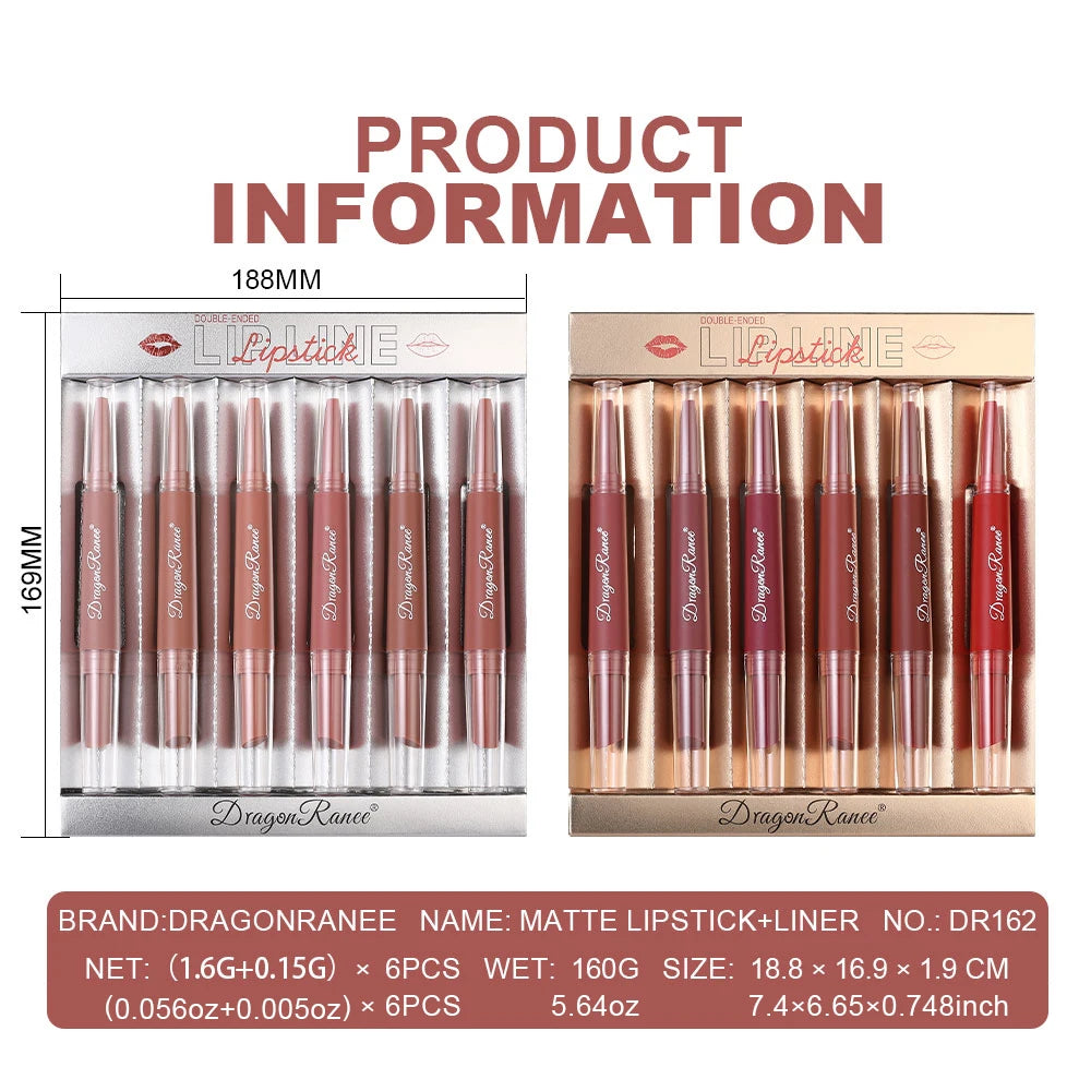 Six Double-Ended Lipstick Set, Velvet Matte Matte Lipstick, Lip Gloss, Easy to Color, Non-Fading, Non-Stick Lipstick Set