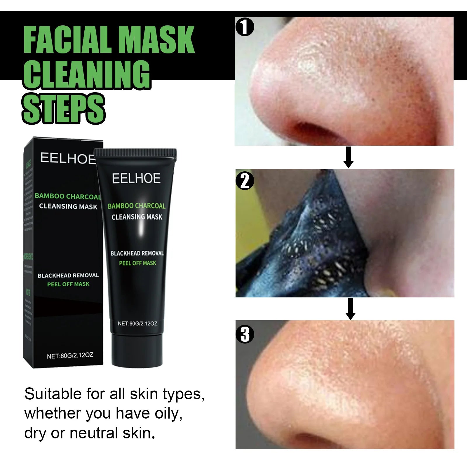 EELHOE Bamboo Charcoal Mask Blackhead Remover Deep Cleansing Shrink Pores Skin Tightening Rejuvenate the Face Tear Peel off Mask