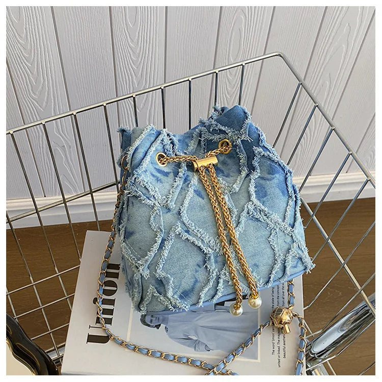 Vintage Denim Bucket Bag Retro Style Light Blue Ripped Edge Design Gold Chain Pearl Embellishment Adjustable Fringe Shoulder Bag