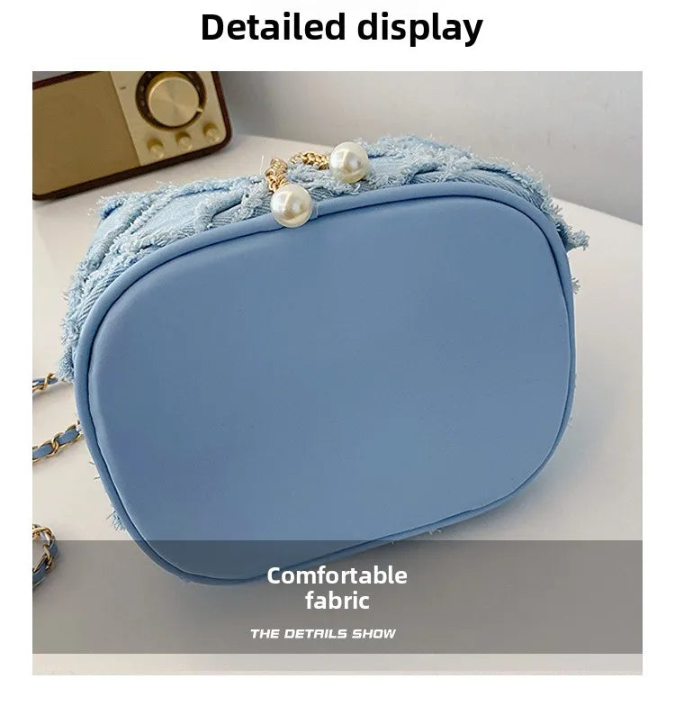 Vintage Denim Bucket Bag Retro Style Light Blue Ripped Edge Design Gold Chain Pearl Embellishment Adjustable Fringe Shoulder Bag